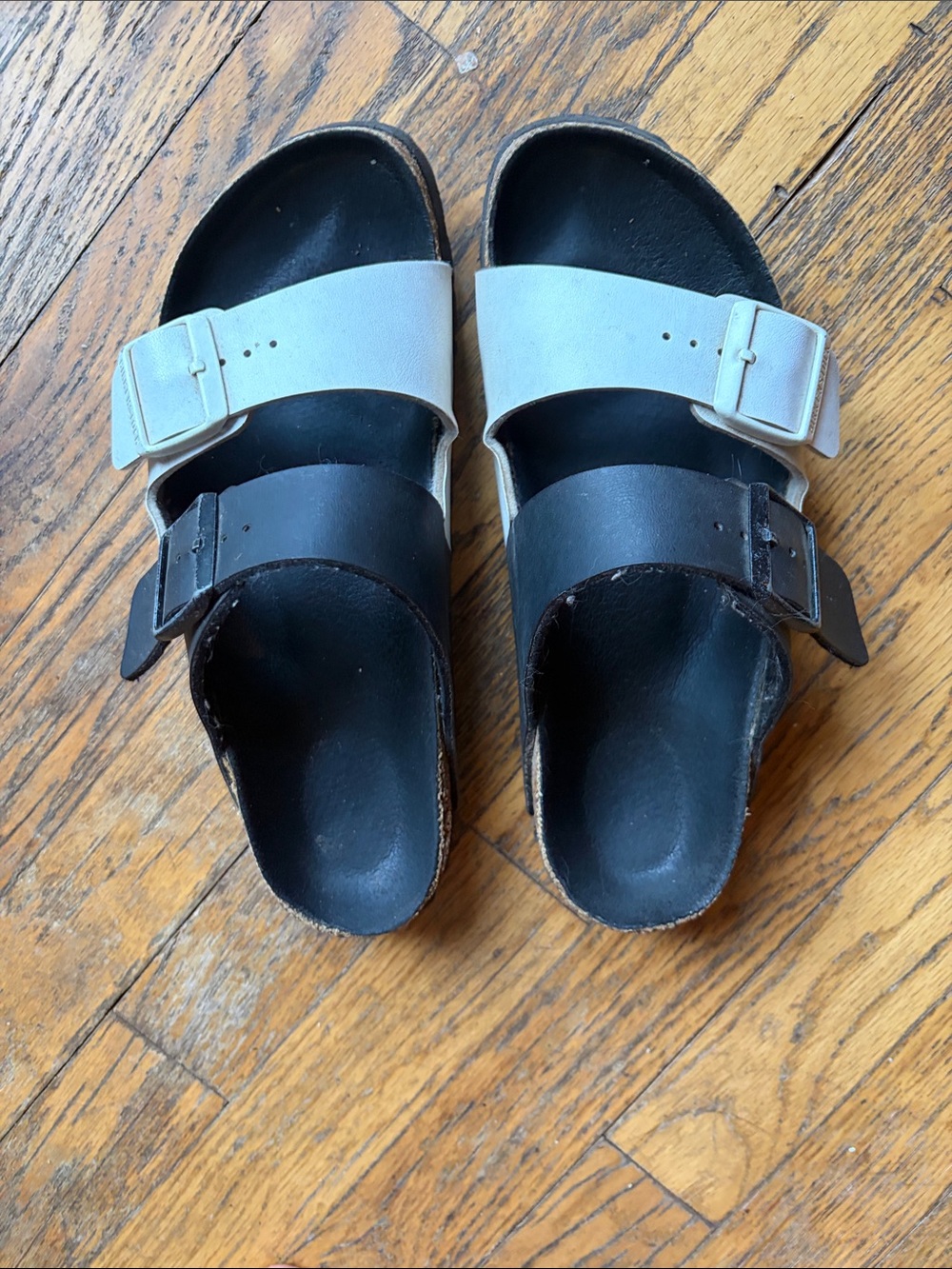Two-Tone Black and White Double-Buckle Birkenstock Sandals